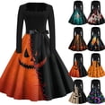 thumbnail image 1 of Women's Halloween Dress Bat Cocktail Square Neckline Fashion Swing Dress Candy Hepburn Long Sleeve Casual Dresses with Belt M, 1 of 5