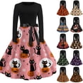 thumbnail image 1 of Women's Halloween Dress Bat Ghost Crew Neck Cocktail 1950s Classic Dresses Long Sleeve Hepburn Retro Vintage Dress with Belt 5XL, 1 of 6