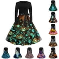 thumbnail image 1 of Women's Halloween Dress Bat Printed Crew Neck Scary Dresses Candy Hepburn Long Sleeve Classic Tea Length Dress with Belt 3XL, 1 of 6
