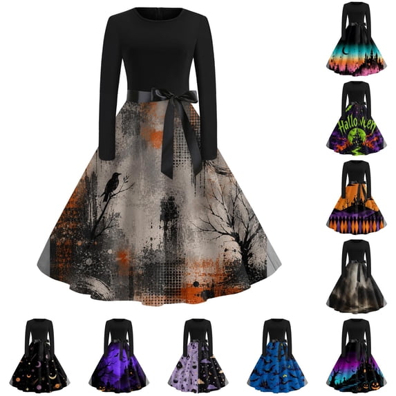 Women's Halloween Dress Bat Printed Long Sleeve Spooky Tea Length Dress Skeleton Hepburn Crew Neck Fall Swing Dress with Belt M