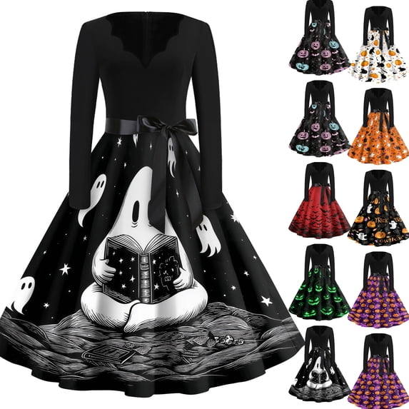 Women's Halloween Dress Bat Spider V Neck Hepburn Cocktail Casual Dresses Long Sleeve 1950s Classic Vintage Dress with Belt M