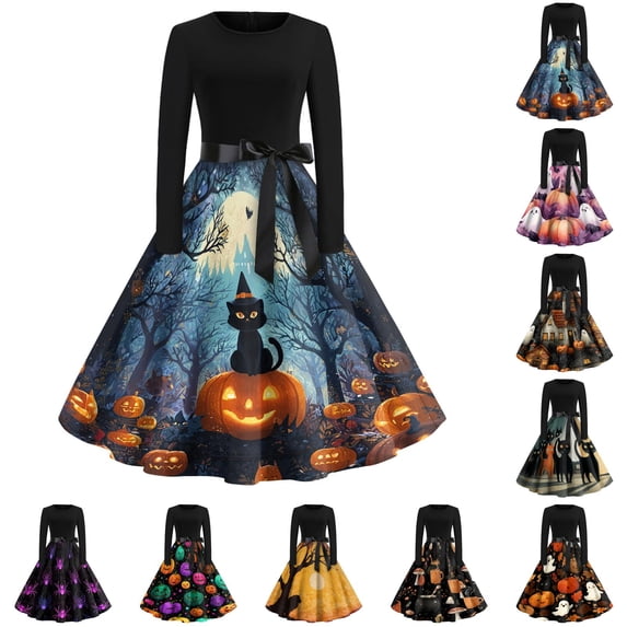 Women's Halloween Dress Bone 1950s Long Sleeve Classic Dresses Ghost Hepburn Crew Neck Casual Tea Length Dress with Belt XL