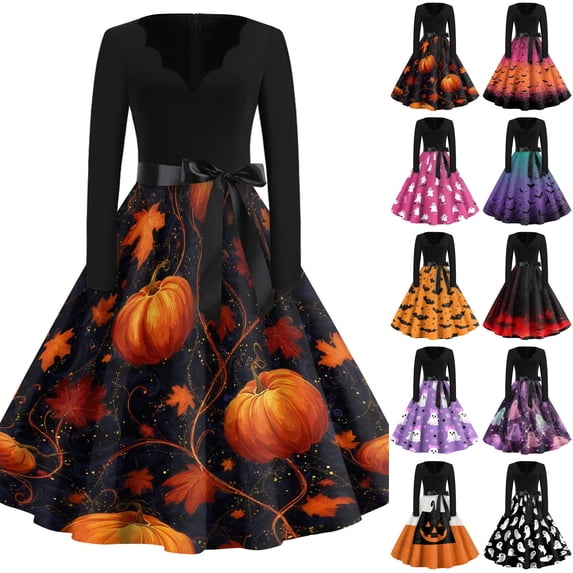 Women's Halloween Dress Bone Hepburn Long Sleeve Funny Dresses Castle Cocktail V-Neck Novelty Tea Length Dress with Belt L
