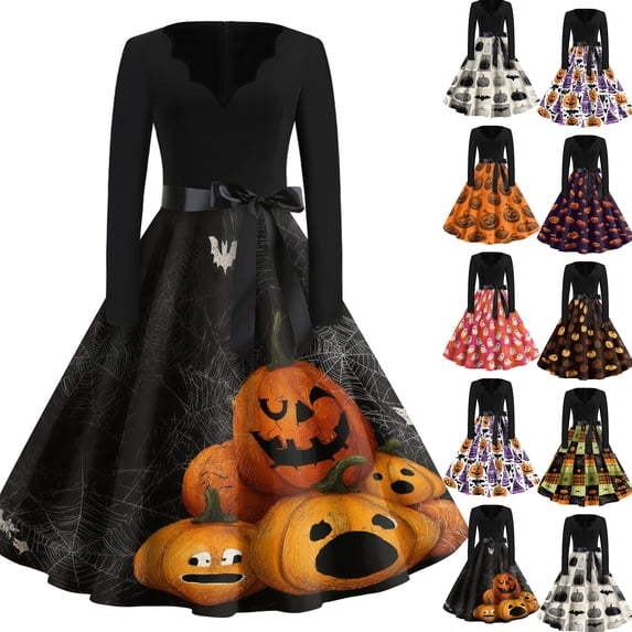 Women's Halloween Dress Candy Castle Long Sleeve 1950s Hepburn Fall Tea Length Dress V Neck Cocktail Vintage Funny Dresses with Belt XL