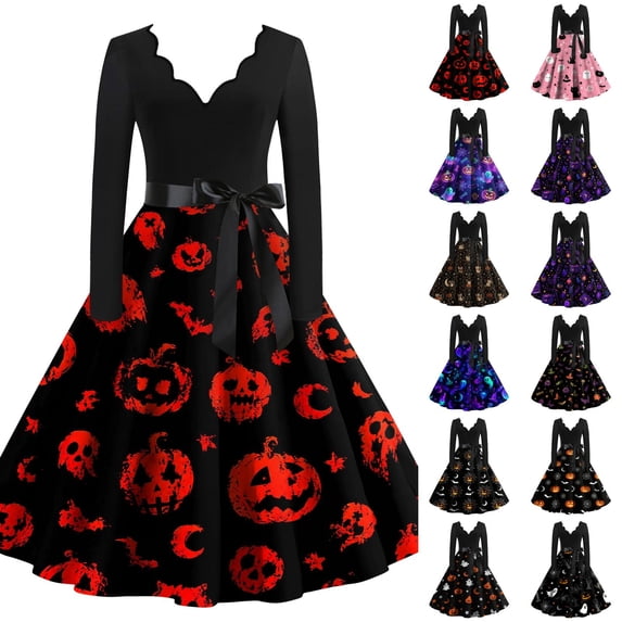 Women's Halloween Dress Candy Pumpkin Long Sleeve 1950s Cocktail Cute Dress V Neck Hepburn Vintage Classic Tea Length Dress with Belt L