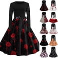 thumbnail image 1 of Women's Halloween Dress Candy Witch Hat Crew Neck Hepburn Cocktail Retro Dress Long Sleeve 1950s Classic Cute Tea Length Dress with Belt L, 1 of 7