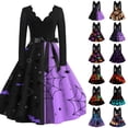 thumbnail image 1 of Women's Halloween Dress Castle Ghost V Neck 1950s Hepburn Retro Dresses Long Sleeve Cocktail Casual Cute Dress with Belt 4XL, 1 of 5