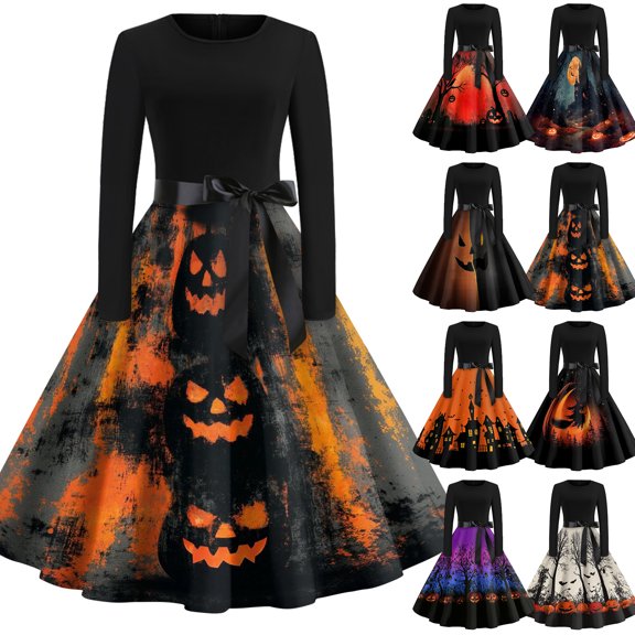 Women's Halloween Dress Ghost 1950s Long Sleeve Casual Dresses Witch Hat Cocktail Crew Neck Classic Tea Length Dress with Belt M