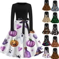 thumbnail image 1 of Women's Halloween Dress Ghost Pumpkin Crew Neck 1950s Cocktail Fall Tea Length Dress Long Sleeve Hepburn Retro Classic Dresses with Belt S, 1 of 5