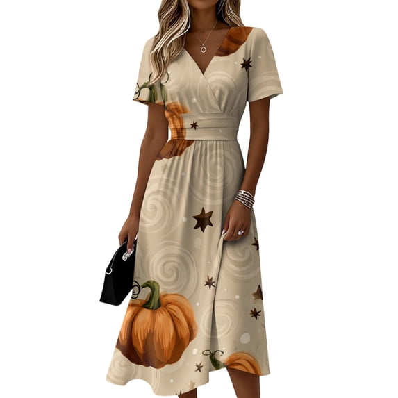 Women's Halloween Dress Halloween Print Short Sleeve V-Neck Casual Fashion Dress for Everyday Wear, Cosplay Events, Halloween Partiesc Beige B 3XL