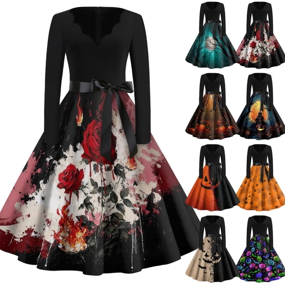 Women's Halloween Dress Pumpkin 1950s Long Sleeve Cute Tea Length Dress Spider Cocktail V-Neck Scary Swing Dress with Belt L