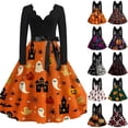 thumbnail image 1 of Women's Halloween Dress Pumpkin Printed V-Neck Cute Tea Length Dress Candy 1950s Long Sleeve Horror Dresses with Belt L, 1 of 7
