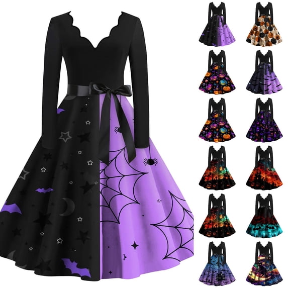 Women's Halloween Dress Pumpkin Spider Long Sleeve 1950s Hepburn Fall Dress V Neck Cocktail Classic Retro Tea Length Dress with Belt L
