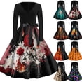 thumbnail image 1 of Women's Halloween Dress Spider Hepburn Long Sleeve Novelty Dresses Castle Printed V-Neck Casual Swing Dress with Belt M, 1 of 5