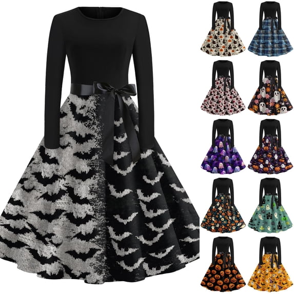 Women's Halloween Dress Spider Witch Hat Long Sleeve Cocktail 1950s Fall Dresses Crew Neck Hepburn Vintage Retro Dress with Belt XL