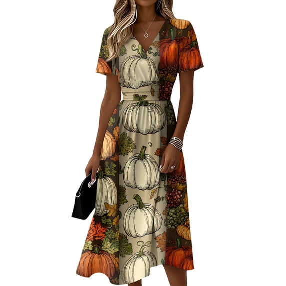 Women's Halloween Dress V-Neck Short Sleeve Halloween Print Casual Fashion Dress for Halloween Parties, Cosplay Events Beige B M