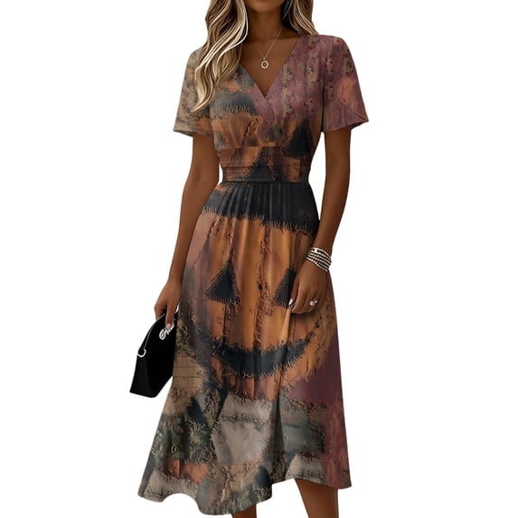 Women's Halloween Dress V-Neck Short Sleeve Halloween Print Casual Fashion Dress for Halloween Parties, Cosplay Events Camel B 3XL