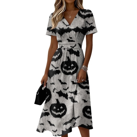 Women's Halloween Dress V-Neck Short Sleeve Halloween Print Casual Fashion Dress for Halloween Parties, Cosplay Events White B L