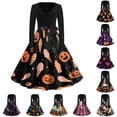 thumbnail image 1 of Women's Halloween Dress Witch Hat 1950s Long Sleeve Novelty Dresses Pumpkin Cocktail V-Neck Classic Swing Dress with Belt L, 1 of 5
