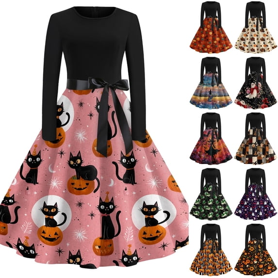 Women's Halloween Dress Witch Hat Skeleton Long Sleeve Cocktail Hepburn Fall Dress Crew Neck 1950s Funny Casual Tea Length Dress with Belt 3XL