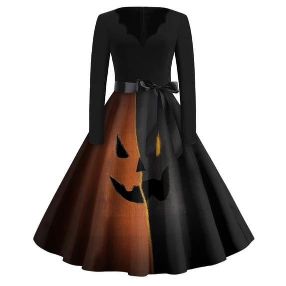 Women's Halloween Dresses Long Sleeve A Line Cocktail Dress Hepburn Style Vintage Print Dress For Prom Cocktail Party