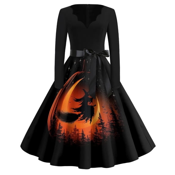 Women's Halloween Dresses Long Sleeve A Line Cocktail Dress Hepburn Style Vintage Print Dress For Prom Cocktail Party
