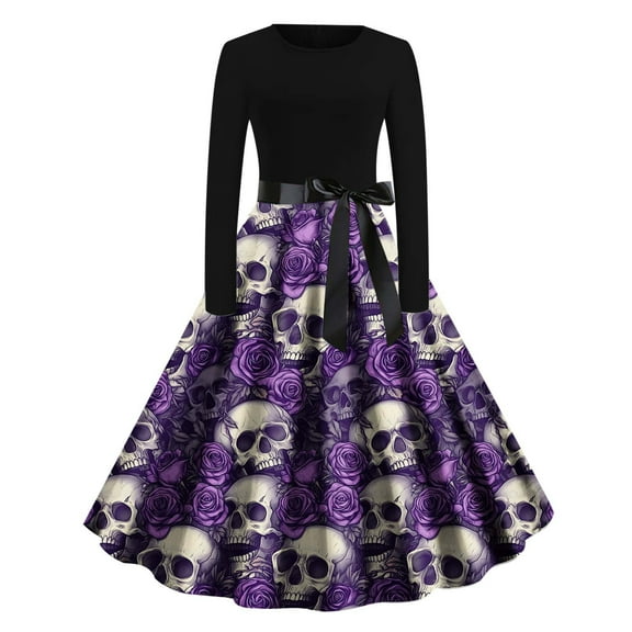 Women's Halloween Dresses Long Sleeve Cocktail Swing Dress Vintage Skeleton Pumpkin Printed Cosplay Party Costume
