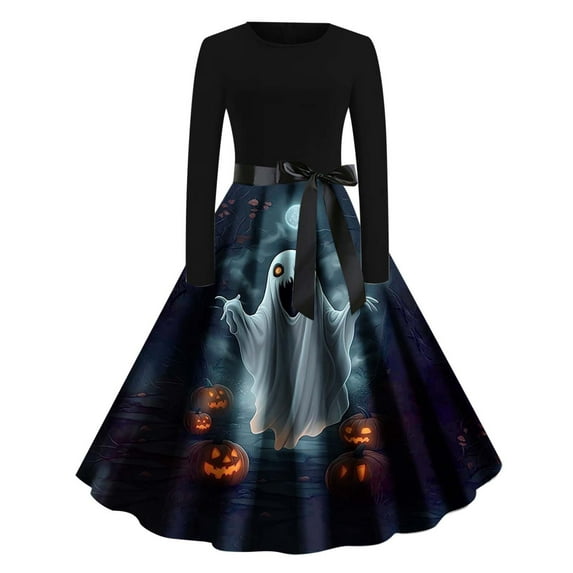 Women's Halloween Dresses Long Sleeve Cocktail Swing Dress Vintage Skeleton Pumpkin Printed Cosplay Party Costume