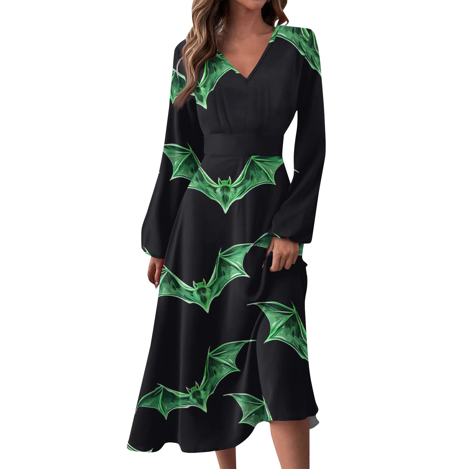 Women's Halloween Dresses Pumpkin Bats Print Dresses Long Sleeve VNeck