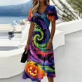 thumbnail image 1 of Women's Halloween Dresses Pumpkin Spider Webeb V Neck Funny Midi Dresses Castle Ghost Short Sleeve Spooky Sundress, L, 1 of 5