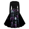 thumbnail image 1 of Women's Halloween Dresses Skeleton Pumpkin Printed Party Skirt Long Sleeve Crew Neck A Line Tie-Waist Dresses, 1 of 3