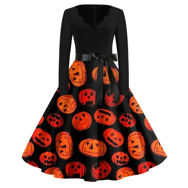 Women's Halloween Dresses Vintage Flowy Party Dresses Long Sleeve V