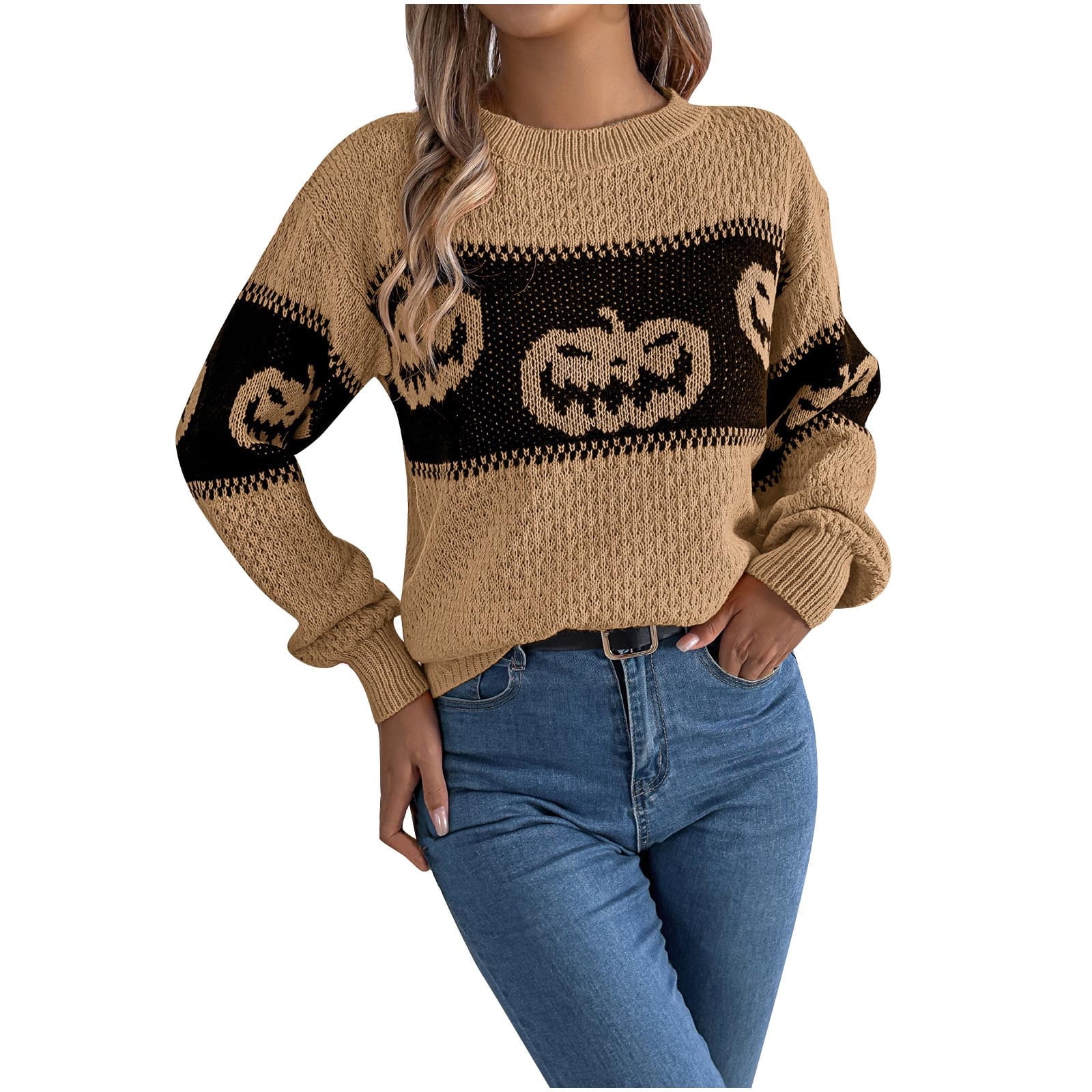 Women's Halloween Fall Ghost Pumpkin Face Sweater Patchwork