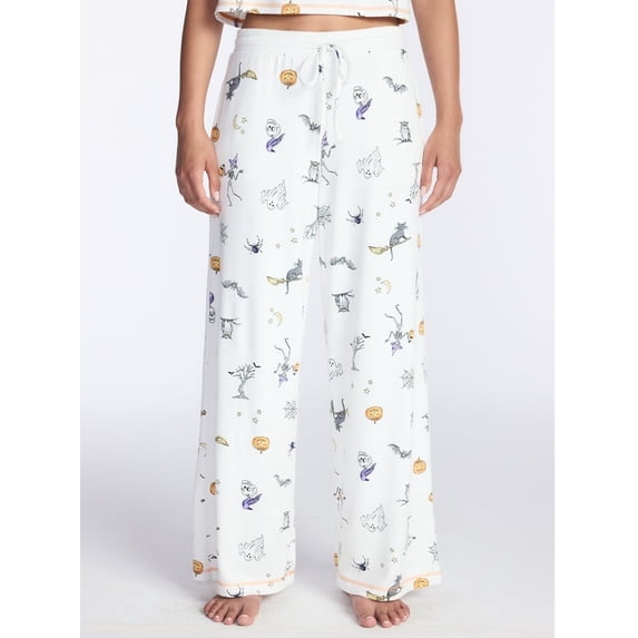 Women's Halloween Fall Hacci Knit Sleep Pants, Mid Rise Lounge Pants with Drawstring Elastic Waist and Pockets, Soft Casual Pajama Trousers with Seasonal Print, Sizes XS-3X