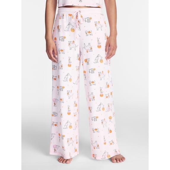 Women's Halloween Fall Hacci Knit Sleep Pants, Mid Rise Lounge Pants with Drawstring Elastic Waist and Pockets, Soft Casual Pajama Trousers with Seasonal Print, Sizes XS-3X