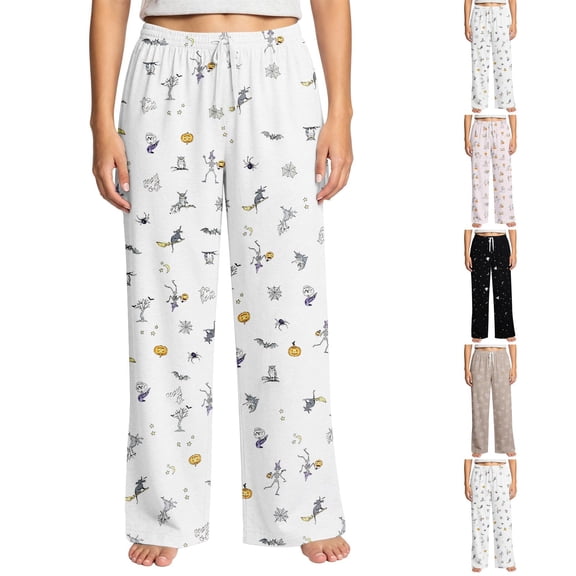 Women's Halloween Fall Hacci Knit Sleep Pants, Mid Rise Lounge Pants with Drawstring Elastic Waist and Pockets, Soft Casual Pajama Trousers with Seasonal Print, Sizes S-2X