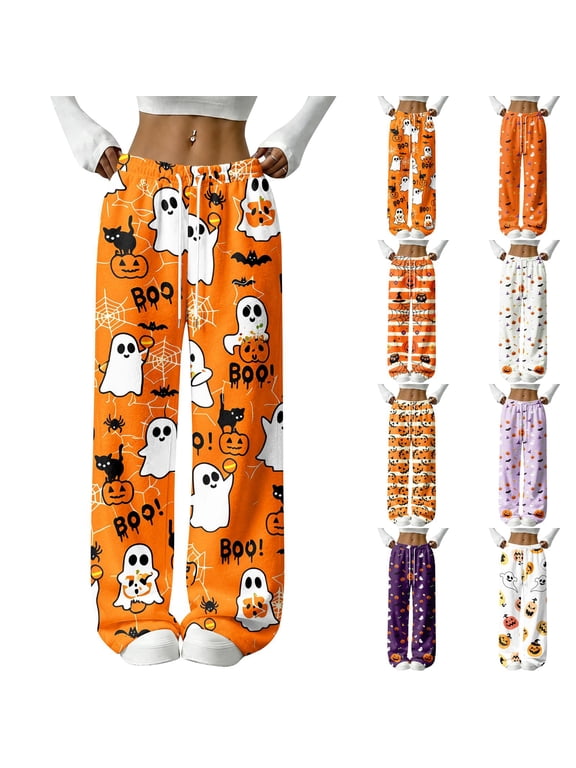 Women's Halloween Flannel Pajama Pants Comfy Drawstring Halloween Pajamas Cozy Warm Halloween Lounge Pants Bottoms S-2XL