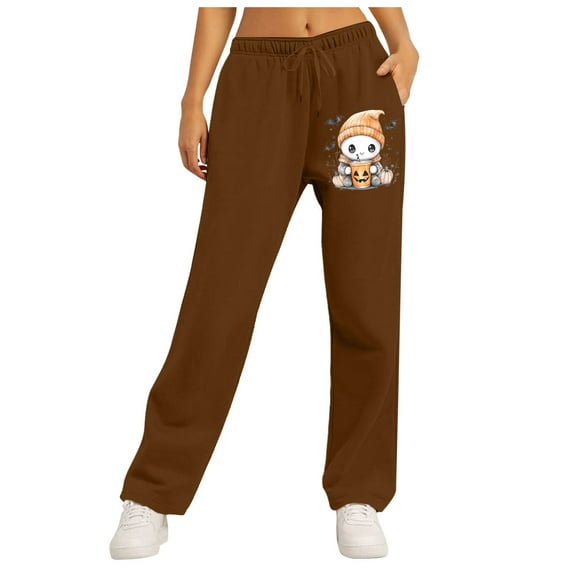Women’s Halloween Fleece Lined Sweatpants Wide Straight Leg Pants High Waisted Sweatpants For Women Elastic Elevated Seams Wide Leg