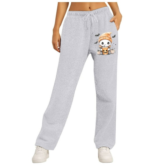 Women’s Halloween Fleece Lined Sweatpants Wide Straight Leg Pants High Waisted Sweatpants For Women Elastic Elevated Seams Wide Leg