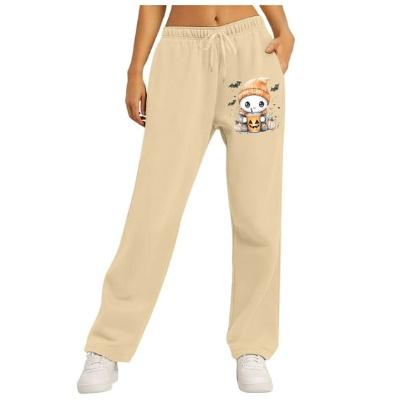 Women’s Halloween Fleece Lined Sweatpants Wide Straight Leg Pants High Waisted Sweatpants For Women Elastic Elevated Seams Wide Leg