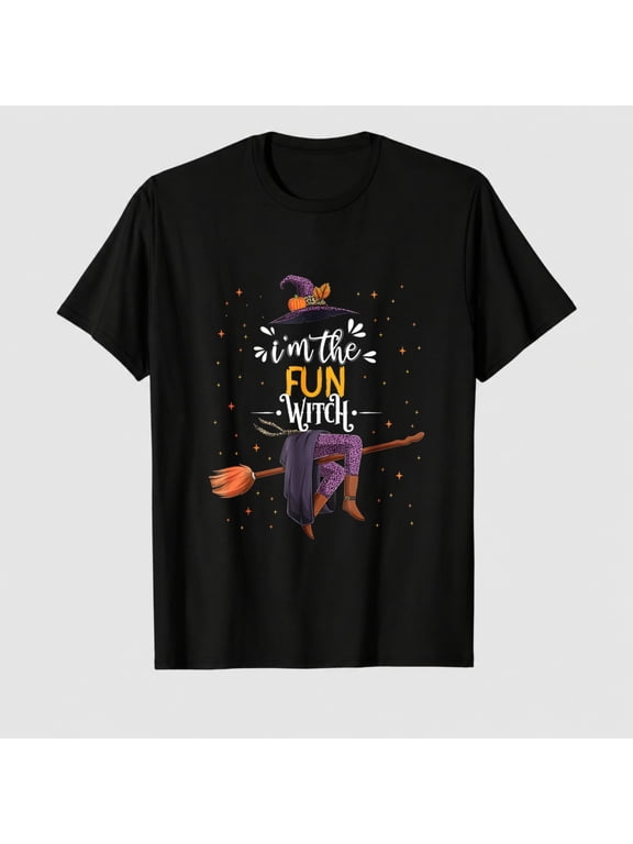 Women's Halloween Fun Witch Broom Graphic T-Shirt, 100% Cotton Short Sleeve Shirt