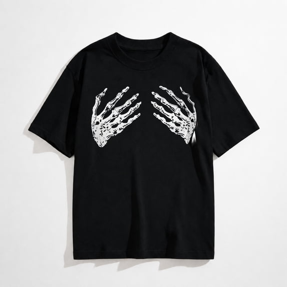 Women's Halloween Funny Skeleton Skull Hand Print Crop Casual T-Shirt