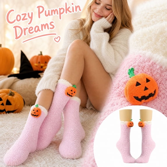 Women's Halloween Fuzzy Socks with 3D Plush Pumpkin, Cozy Coral Fleece Crew Socks, Light Purple Sleep Socks for Christmas Stocking Stuffers, Gag Gifts and Fun Holiday Gifts