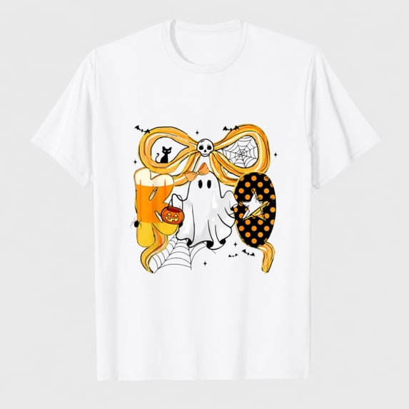 Women's Halloween Ghost Bow Graphic T-Shirt, Pumpkin Web Bat Short Sleeve Shirt