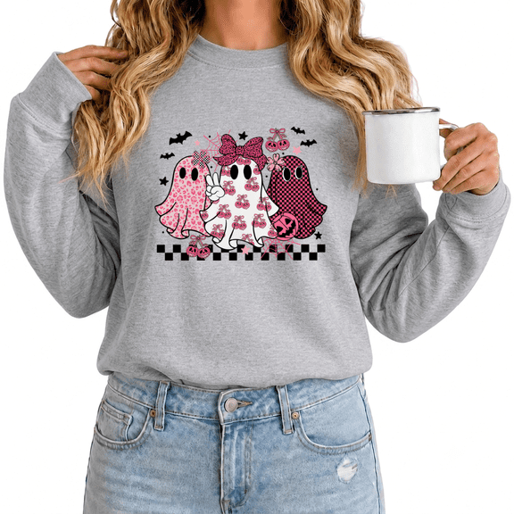 Women's Halloween Ghost Bow Print Sweatshirt Whimsical Crewneck Casual Pullover Autumn Gathering Wear