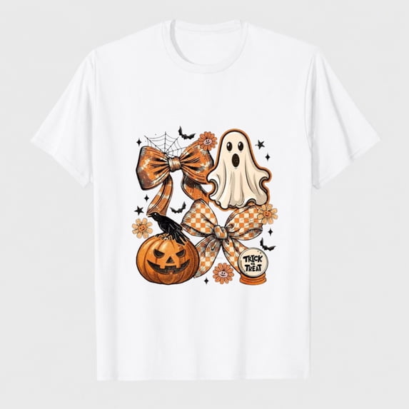 Women's Halloween Ghost Bow Pumpkin Graphic T-Shirt, 100% Cotton Short Sleeve Shirt