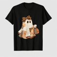 thumbnail image 1 of Women's Halloween Ghost Bow Pumpkin Graphic T-Shirt, 100% Cotton Short Sleeve Shirt, 1 of 6
