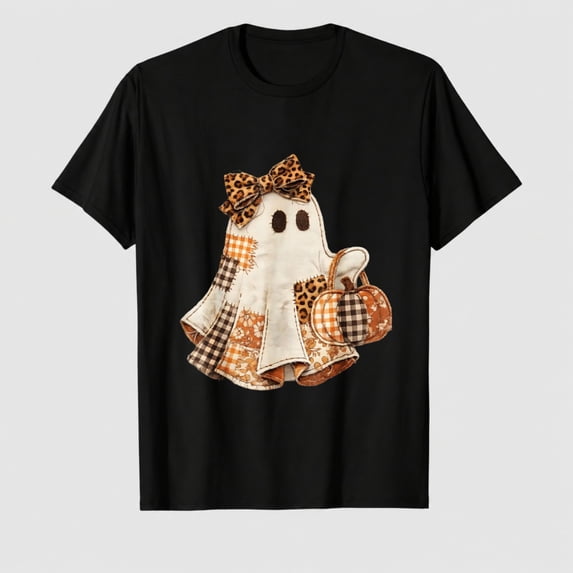 Women's Halloween Ghost Bow Pumpkin Graphic T-Shirt, 100% Cotton Short Sleeve Shirt