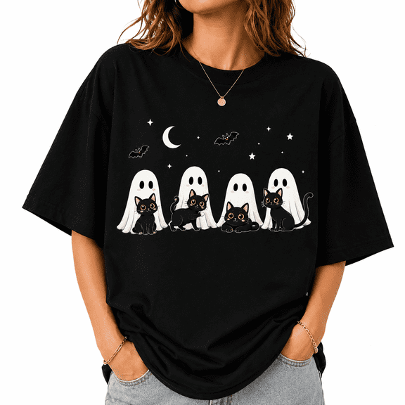 Women's Halloween Ghost Cat Graphic T-Shirt Cute Spooky Short Sleeve Tee