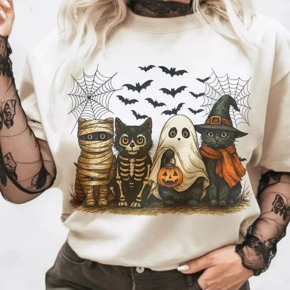 Women's Halloween Ghost Cat Print Short Sleeve T-Shirt, Crew Neck Casual Top
